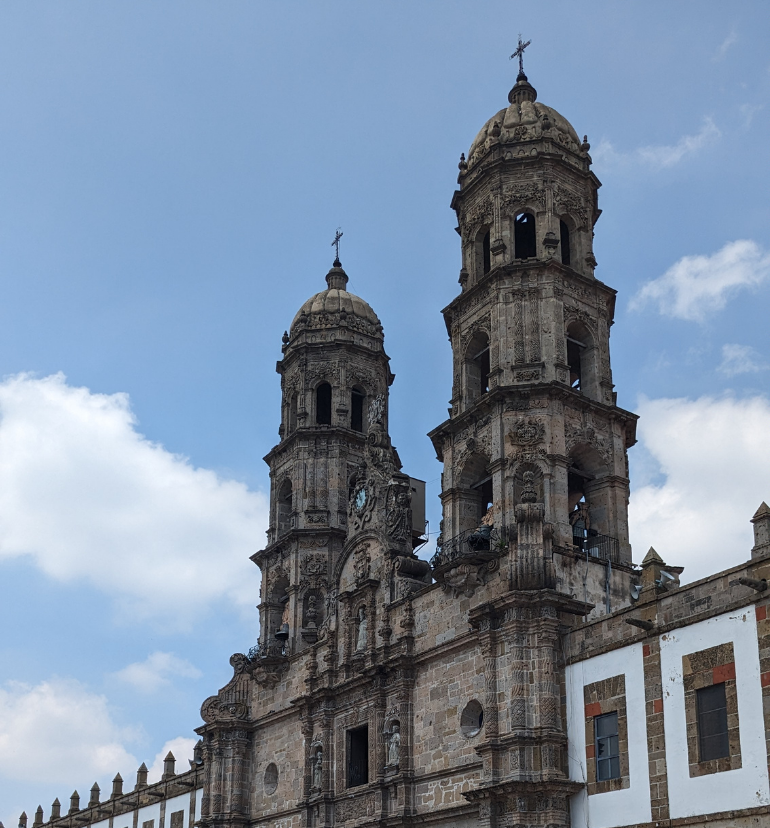 Close up photo of a cathedral in Guadalajara highlighting it's detailed architecture 