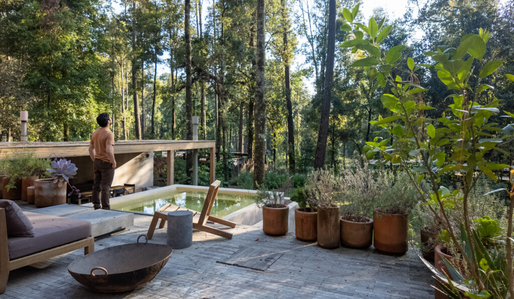 Luxury house in the forest of Valle de Bravo, outside patio with pool and furniture.